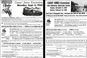 Paper documents advertising train excursions to the Ellensburg Rodeo and to Stampede Pass.